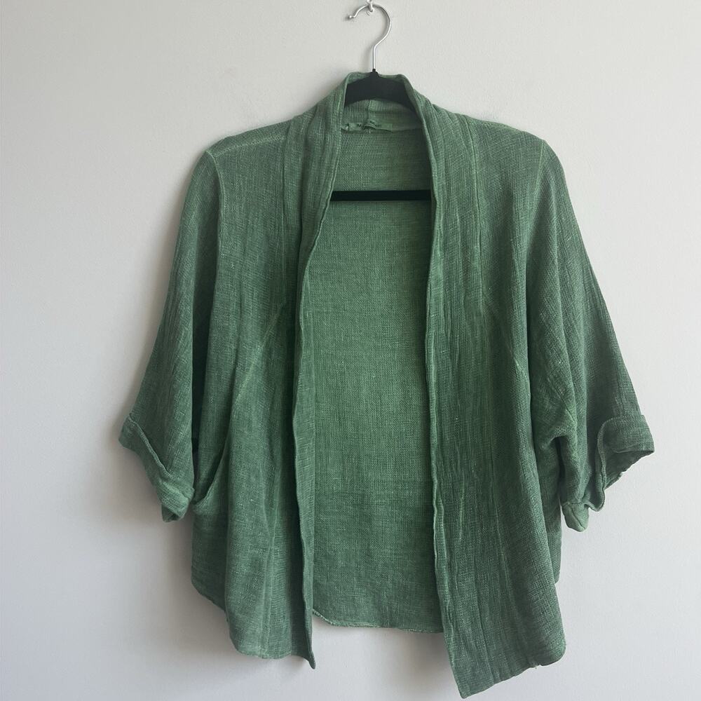 Meo Meli Shawl Kimono Cardigan Womens OS Green Linen Open Front Lagenlook